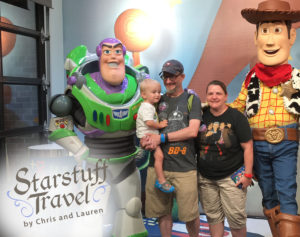 Chris, Lauren, and Tristan with Buzz Lightyear and Woody