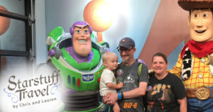 Chris, Lauren, and Tristan with Buzz Lightyear and Woody
