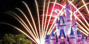 Cinderella's Castle at night with fireworks